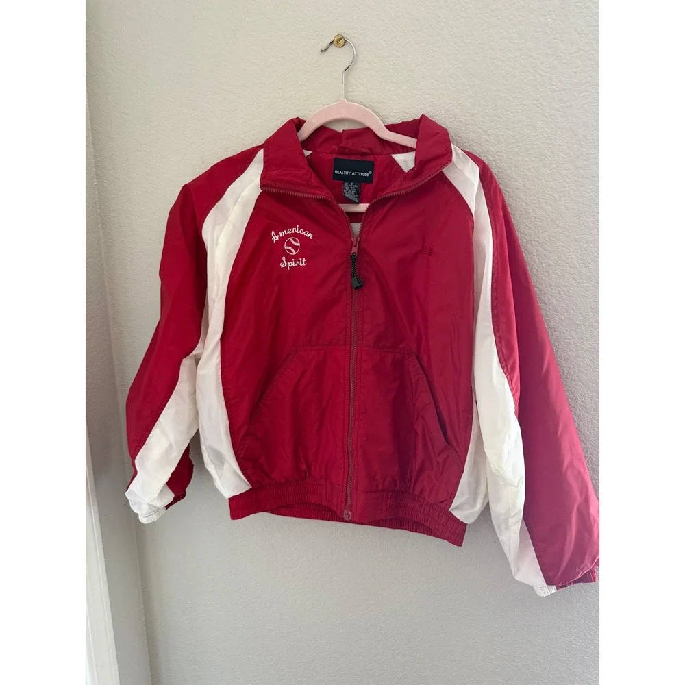 Healthy Attitude Windbreaker Jacket Small Red White American Spirit Baseball Zip